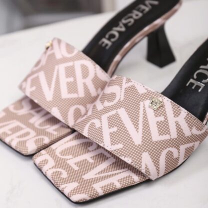 VERSACE New Canvas Jacquard Pattern Open Toe High Heel Mules - Image 4