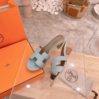 Hermes Palm Print Summer Classic Cowhide Light Blue Block Heel Sandals - Image 2