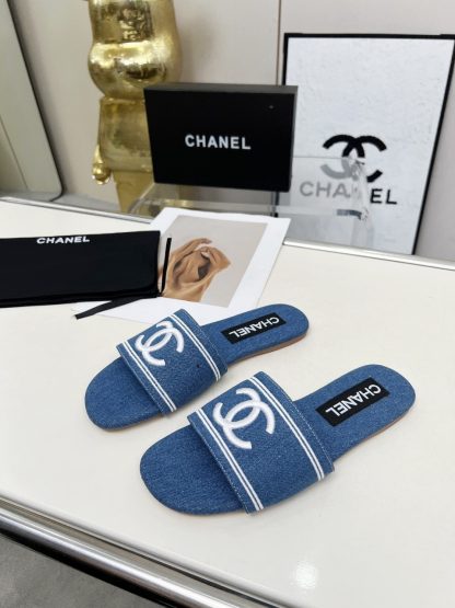 Chanel dark blue new fabric sheepskin slippers - Image 4