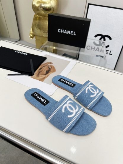 Chanel Light Blue New Fabric Sheepskin Slippers - Image 4