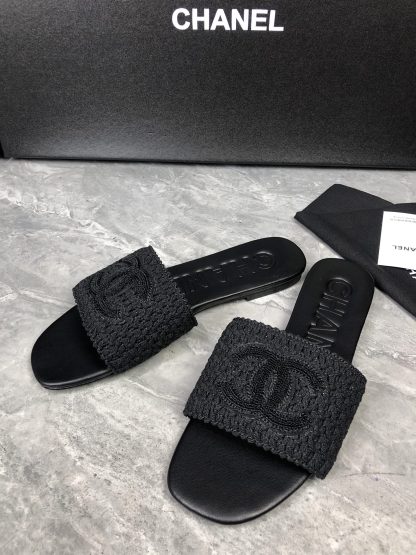 Chanel Deep Black New Fabric Sheepskin Slippers - Image 4