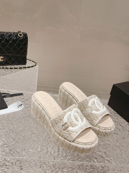 Chanel summer classic beige double c design stylish and comfortable slippers front 3cm back 7cm - Image 4