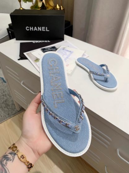 Chanel Spring New Denim Blue Chain Flip Flops - Image 4