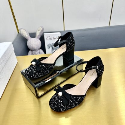 Dior pearl buckle chunky heel bowknot high heels - Image 4