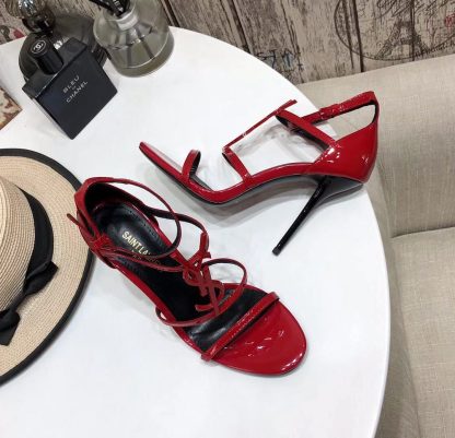 YSL Bright Red Logo Letter Metal Buckle Decorative High Heel Sandals - Image 5