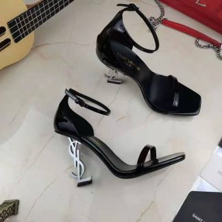 YSL lacquered high-heeled sandals with YSL letters