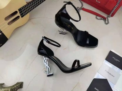 YSL lacquered high-heeled sandals with YSL letters