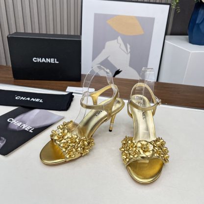 Chanel Spring and Summer Dance Shoes Series New Gold Stiletto Custom Flower Sandals Heel Height 8.5cm - Image 5