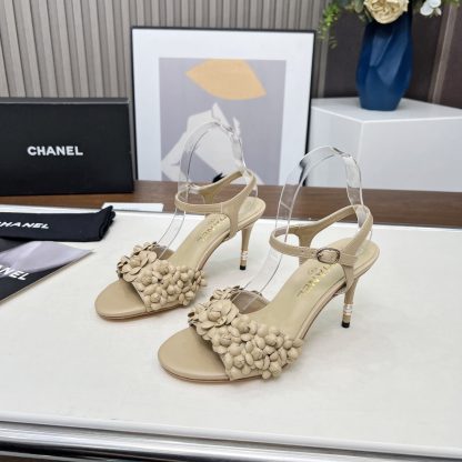 Chanel Spring and Summer Dance Shoes Series New Apricot Stiletto Custom Flower Sandals Heel Height 8.5cm - Image 5