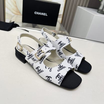 Chanel Spring and Summer Dance Shoes Series New White Chunky Heel Black Print Sandals Heel Height 2cm - Image 5