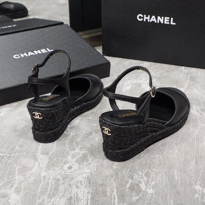 Chanel black hemp rope outsole wedge heel fashionable sandals heel height 7cm - Image 5