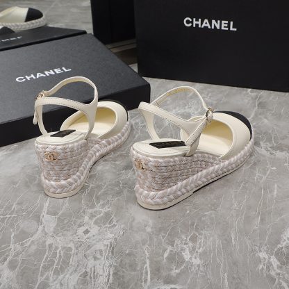 Chanel beige contrast color hemp rope wedge heel fashionable sandals heel height 7cm - Image 5