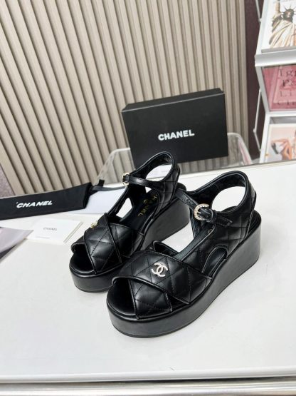 Chanel black platform wedge heel thick-soled summer sandals - Image 4