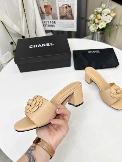 Chanel Apricot Custom Printed Fabric Lambskin Sandals - Image 5