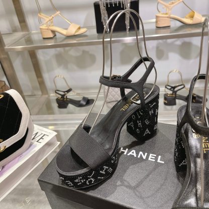 Chanel Early Spring Black Small Round Toe Color Brick Slim Sandals Heel Height 9cm - Image 5