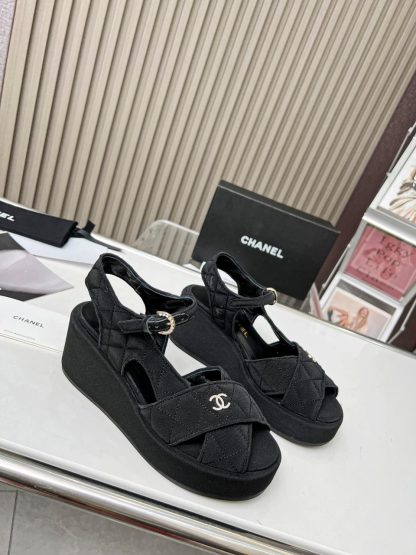 Chanel Black Matte Platform Wedge Heel Thick-soled Summer Sandals - Image 3