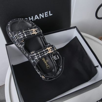 Chanel Temperament Denim Black and White Mixed Color Sandals - Image 5