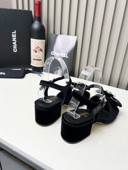 Chanel black velvet material spring and summer celebrity temperament super durable thick heel sandals - Image 4
