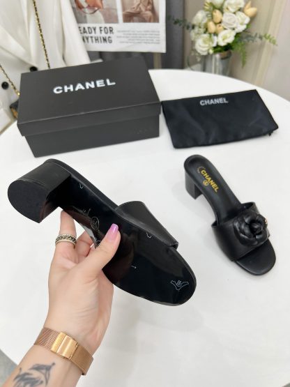 Chanel New Camellia Black Fabric Lambskin Sandals - Image 5