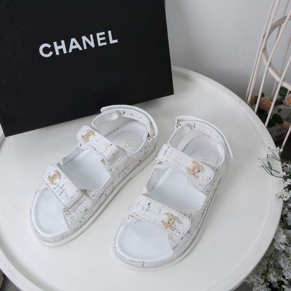Chanel White Check Design Classic Velcro Sandals - Image 5