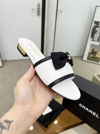 Chanel Spring and Summer White with Cute Bow Flat Sandals - Image 4