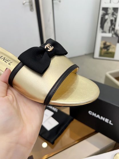 Chanel Spring and Summer Gold with Cute Bow Flat Sandals - Image 4