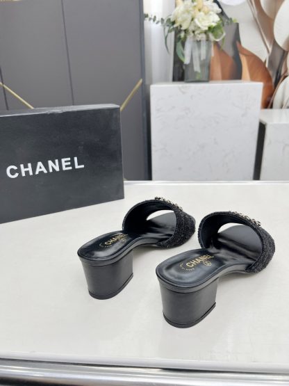 Chanel 2025 new black fabric sheepskin thick heel sandals - Image 5