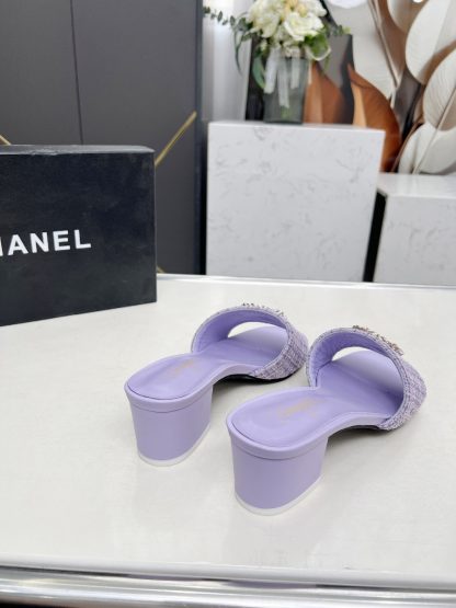 Chanel 2025 new purple fabric sheepskin thick heel sandals - Image 5
