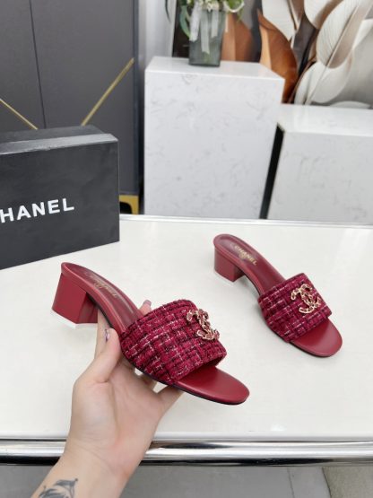 Chanel 2025 new red fabric sheepskin thick heel sandals - Image 5