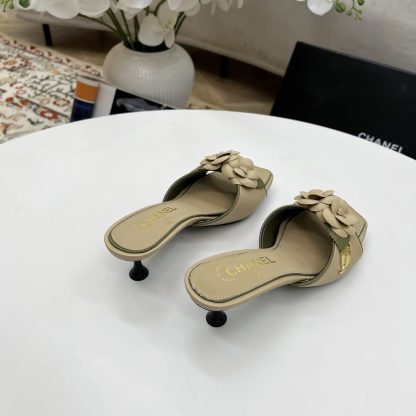 Chanel Spring and Summer Dancing Shoes Series Apricot Small Square Toe Camellia Stiletto Fashion Sandals - Image 5