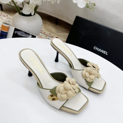 Chanel Spring and Summer Dancing Shoes Series White Small Square Head Camellia Stiletto Fashion Sandals - Image 5