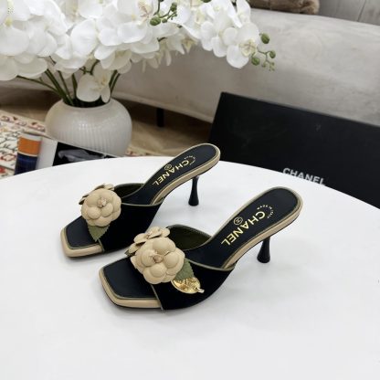 Chanel Spring and Summer Dancing Shoes Series Black Small Square Toe Camellia Stiletto Fashion Sandals - Image 5
