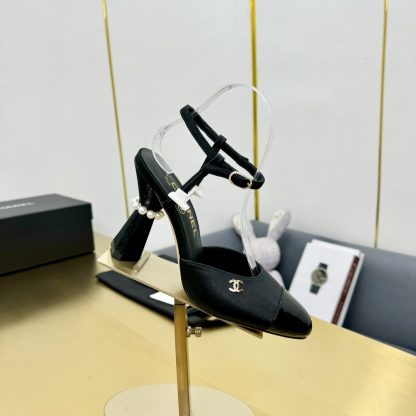 Chanel Black Mary Pearl Chunky Heel Sandals Heel Height 9.5cm - Image 5