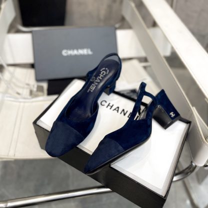 Chanel thick heel square toe color matching dark blue all-match high heel sandals - Image 5
