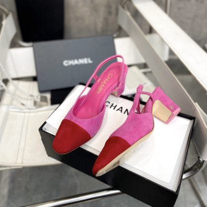 Chanel thick heel square toe color matching dark pink with red all-match high heel sandals - Image 5