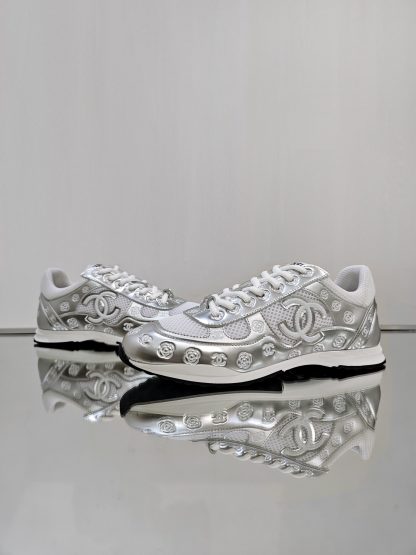 Chanel unisex white and silver diamond-patterned breathable mesh casual shoes - Image 5