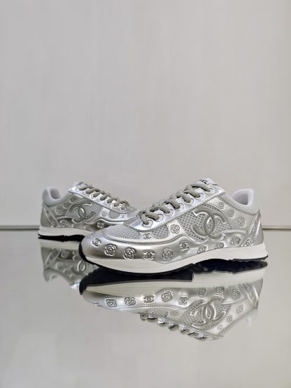 Chanel Unisex Silver Grey Diamond Breathable Mesh Casual Shoes - Image 5