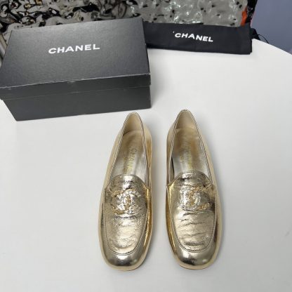 Chanel Early Spring Dance Shoes Series Small Round Toe Slim Gold Loafers - Image 5