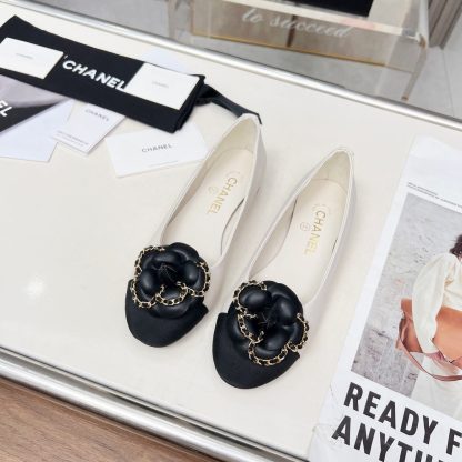 Chanel white spring and summer dancing shoes series small round toe with camellia loafers - Image 5