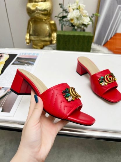 Gucci spring and summer new GG rhinestone buckle round toe thick heel slippers - Image 5