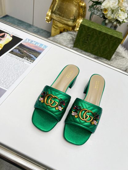 Gucci spring and summer new GG rhinestone buckle round toe thick heel slippers - Image 5