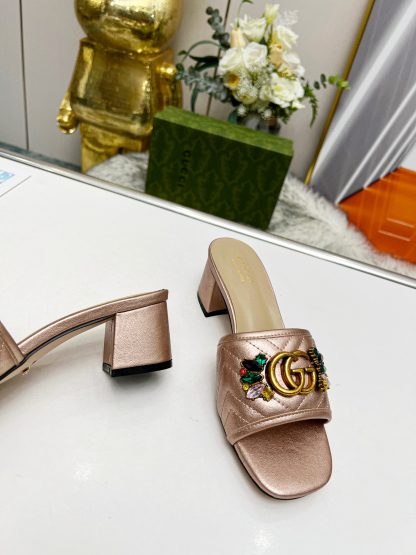 Gucci spring and summer new GG rhinestone buckle round toe thick heel slippers - Image 5