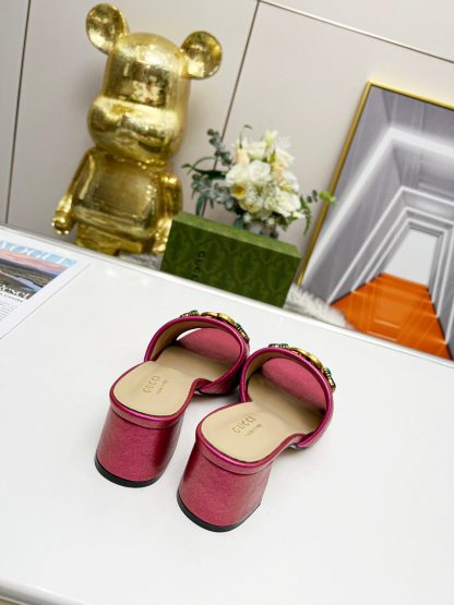 Gucci spring and summer new GG rhinestone buckle round toe thick heel slippers - Image 5