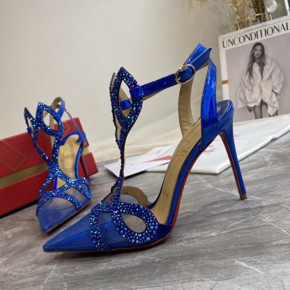 Christian Louboutin Crystal Studded Fine High Heels with Mesh Pointed Toe - Image 5