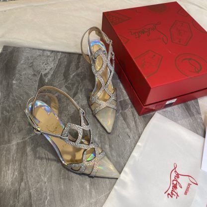 Christian Louboutin Crystal Studded Fine High Heels with Mesh Pointed Toe - Image 5
