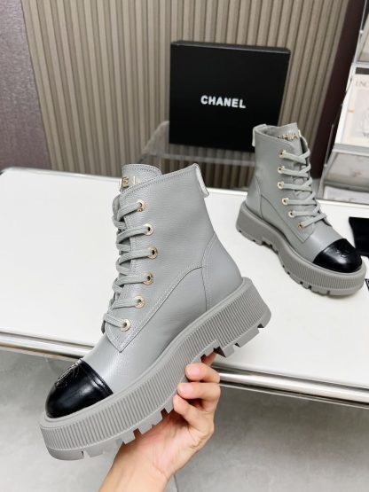 Chanel grey lace-up design non-slip wear-resistant leather boots - Image 5