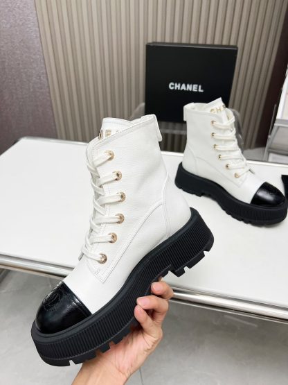 Chanel white lace-up design non-slip wear-resistant leather boots - Image 4