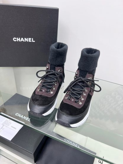 Chanel black and brown mixed socks leather casual sneakers - Image 3