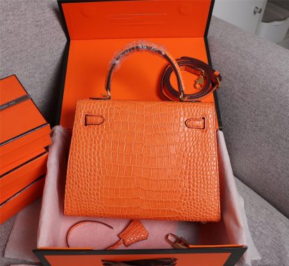 Hermès Orange Mini Second Generation Kelly Crocodile Pattern Crossbody Bag Size: 25cm+9cm+18cm - Image 5
