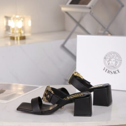 VERSACE Fashion Square Toe Chunky Heel Sandals High Heels - Image 5